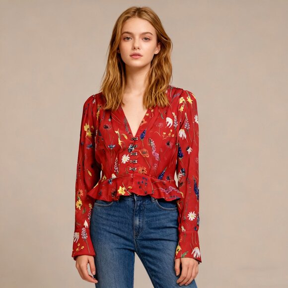 NWOT The Kooples Pleated Red Floral Cropped Top Blouse Size 1 Long Sleeve - Picture 1 of 12